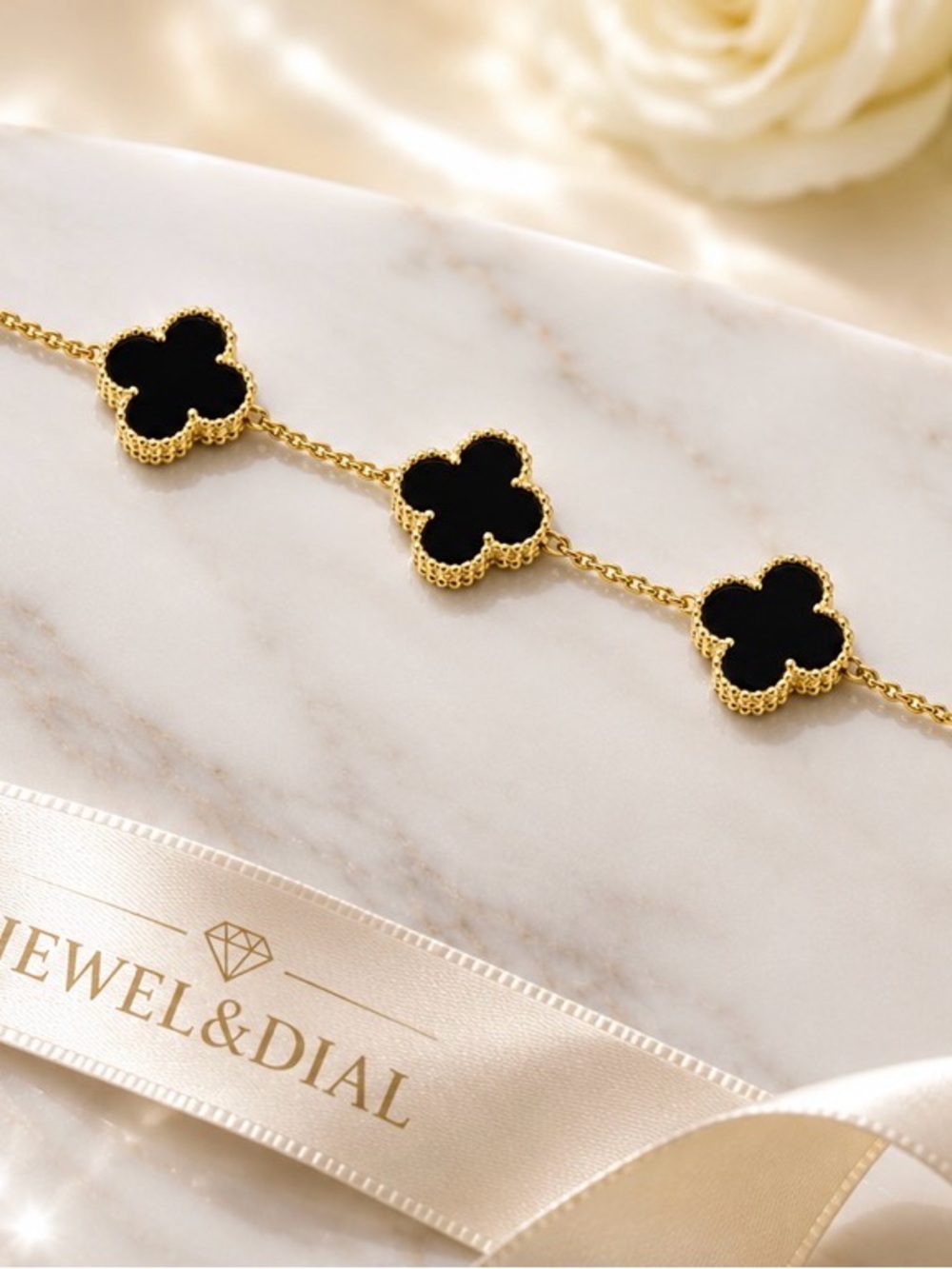 925 Sterling Silver Gold-Plated Black Onyx Clover Bracelet